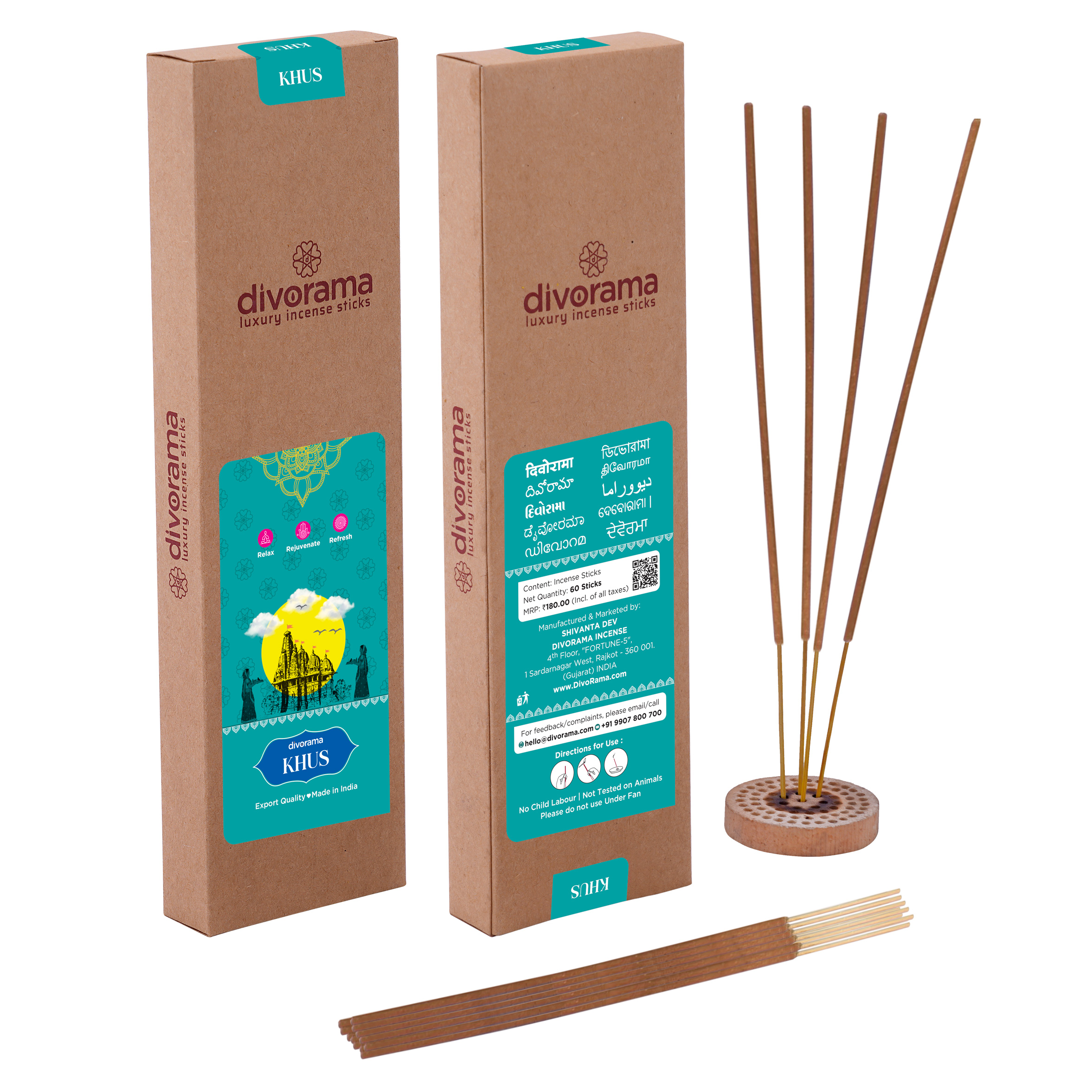 DivoRama Luxury Vetiver Incense Sticks Agarbatti – 100% Indian Natural Aroma – Long Lasting KhusKhus Agarbattis for Puja, Meditation, Happy Vibes – 60 Sticks