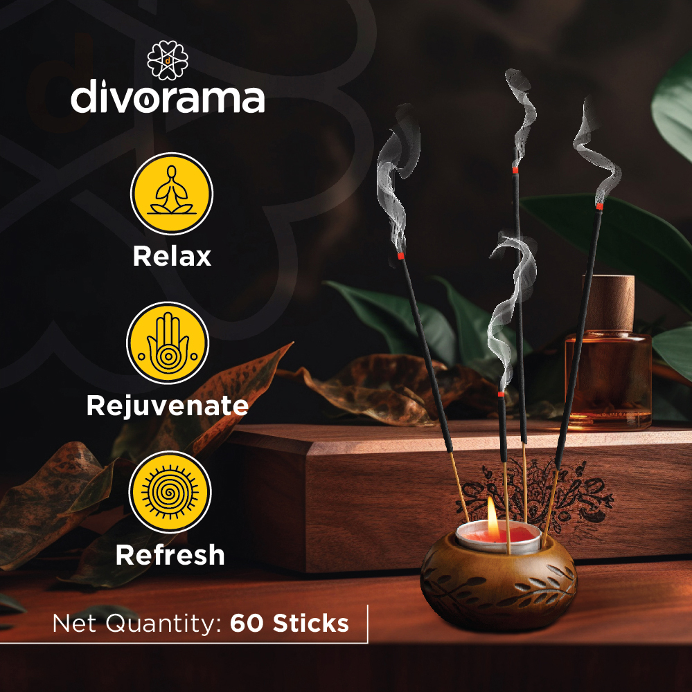 DivoRama Luxury Vetiver Incense Sticks Agarbatti - 100% Indian Natural Aroma - Long Lasting KhusKhus Agarbattis for Puja, Meditation, Happy Vibes - 60 Sticks