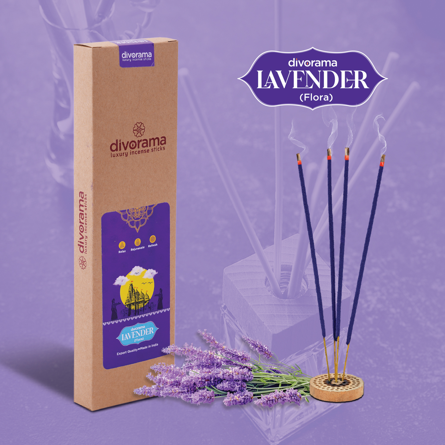 DivoRama Premium Lavender Flora Incense Masala Agarbatti -100% Indian Natural Aroma – Long Lasting Lavender Agarbattis for Puja, Meditation, Happy Vibes – 45 Sticks
