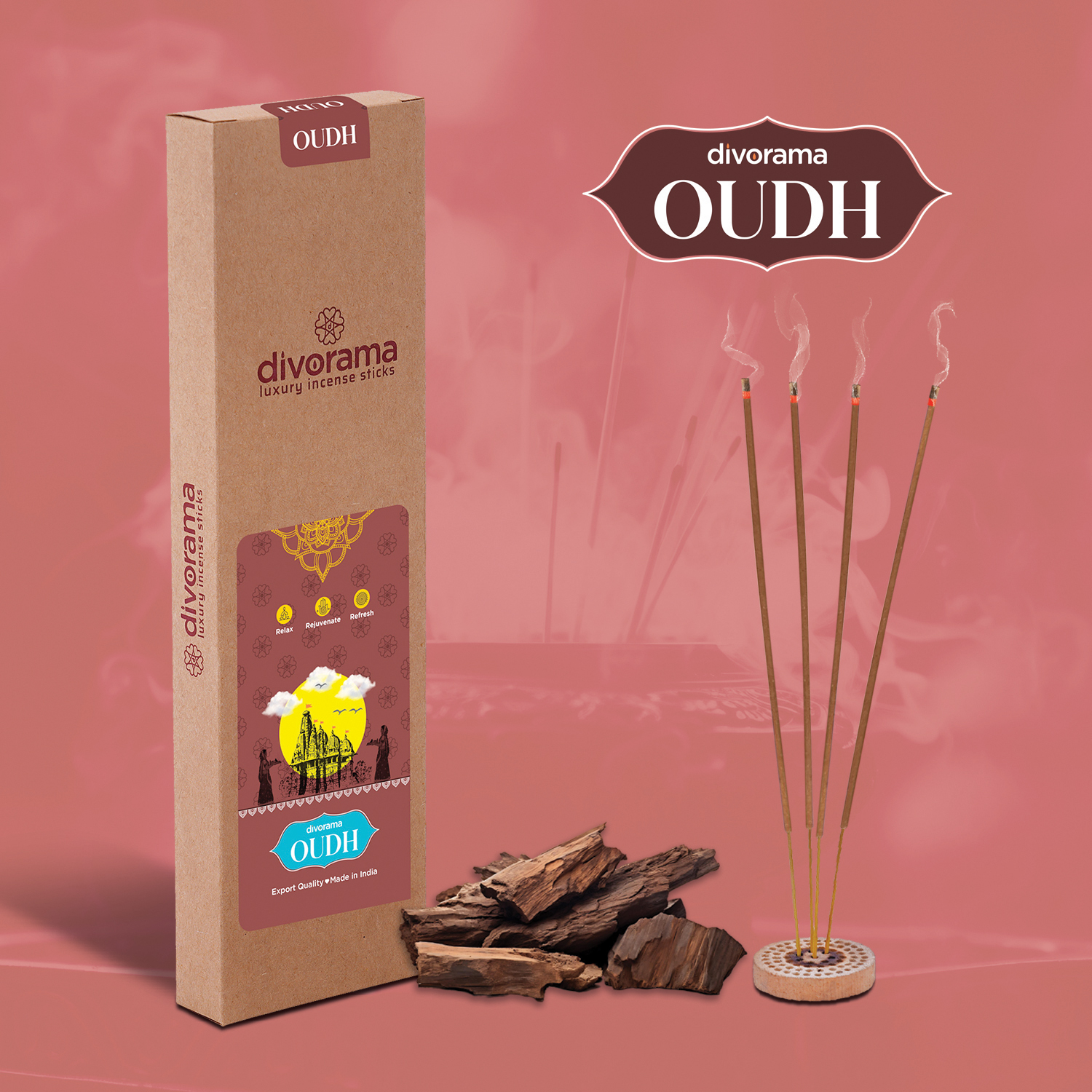 DivoRama Luxury Oudh Incense Sticks Agarbatti – 100% Indian Natural Aroma – Long Lasting Oudh Agarbattis for Puja, Meditation, Happy Vibes – 60 Sticks