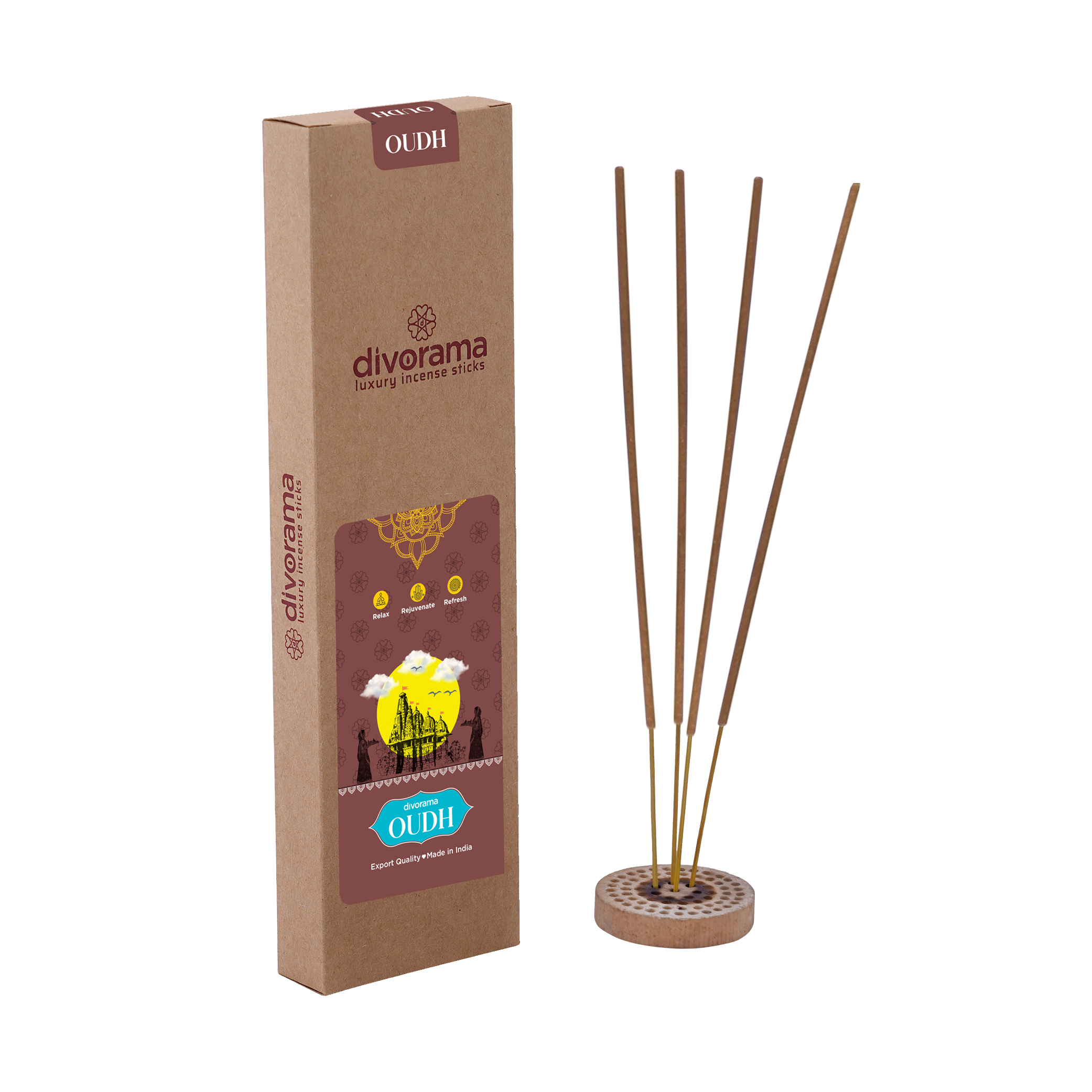 DivoRama Luxury Oudh Incense Sticks Agarbatti - 100% Indian Natural Aroma - Long Lasting Oudh Agarbattis for Puja, Meditation, Happy Vibes - 60 Sticks