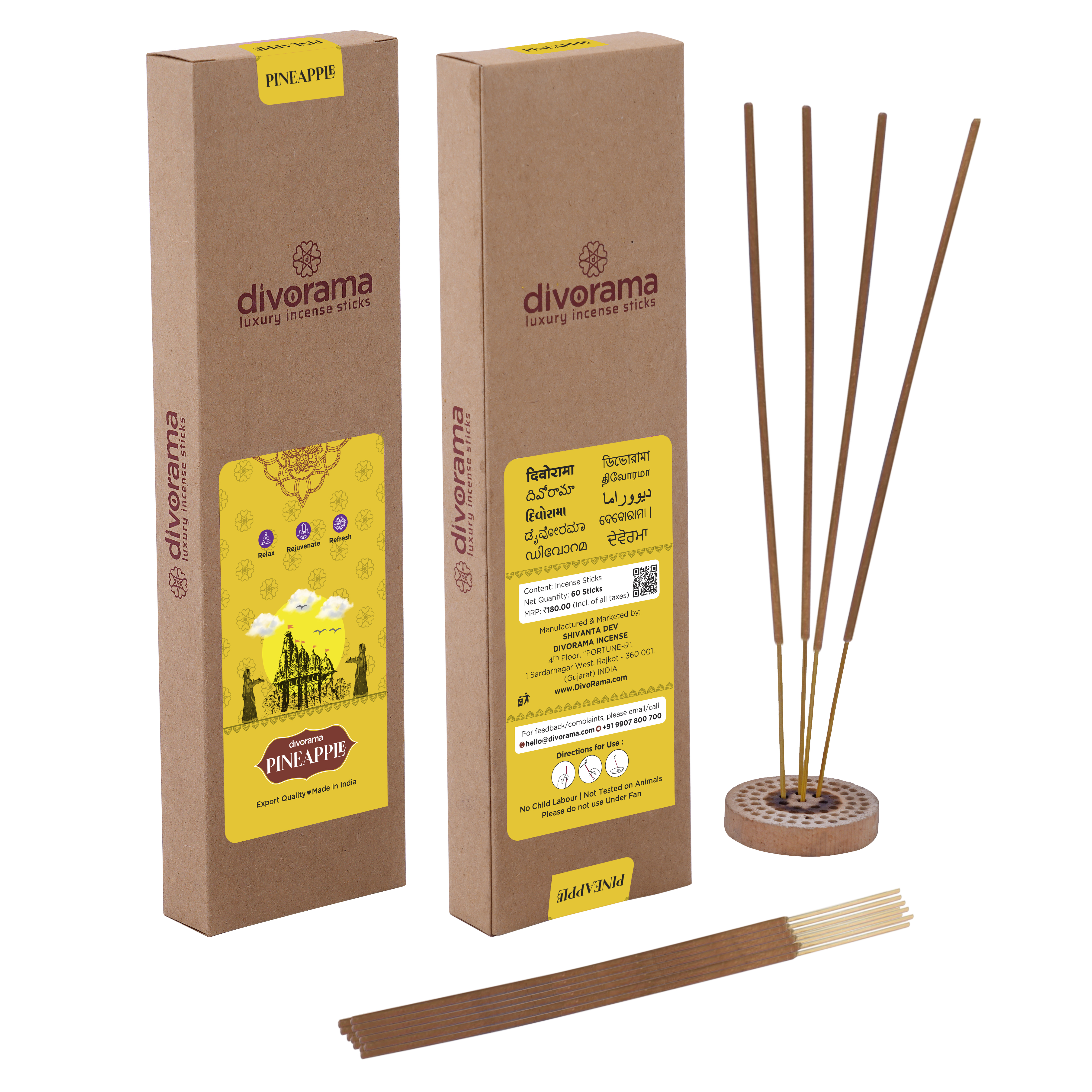 DivoRama Luxury Pineapple Incense Sticks Agarbatti – 100% Indian Natural Aroma – Long Lasting Pineapple Agarbattis for Puja, Meditation, Happy Vibes – 60 Sticks