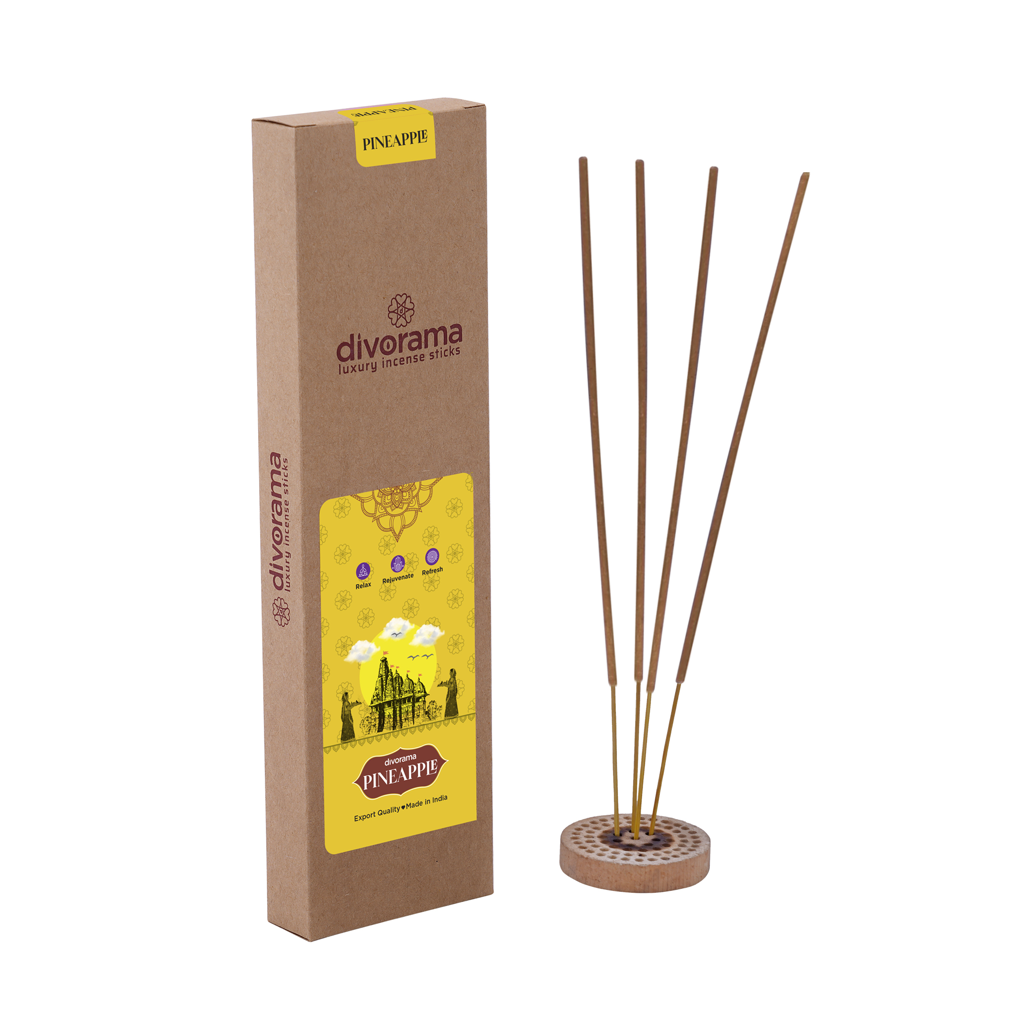 DivoRama Luxury Pineapple Incense Sticks Agarbatti - 100% Indian Natural Aroma - Long Lasting Pineapple Agarbattis for Puja, Meditation, Happy Vibes - 60 Sticks