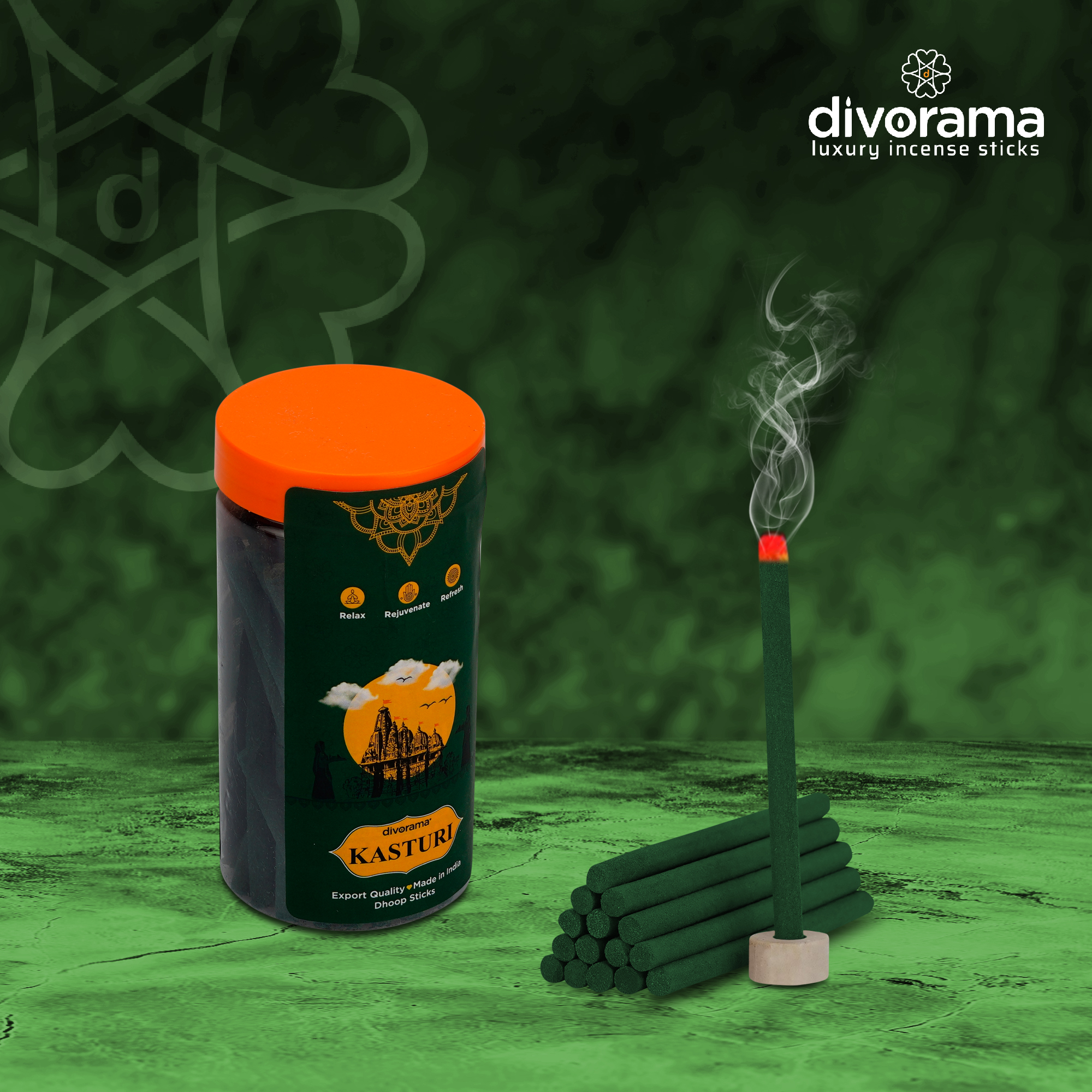 DivoRama Premium Kasturi Dhoop Sticks/Musk Dhup Batti - Long Lasting Musk Perfume for Home Fragrance/Meditation/Dhoop for Pooja with Free Dhoop Holder - Pack of 1 Jar x 100Gm