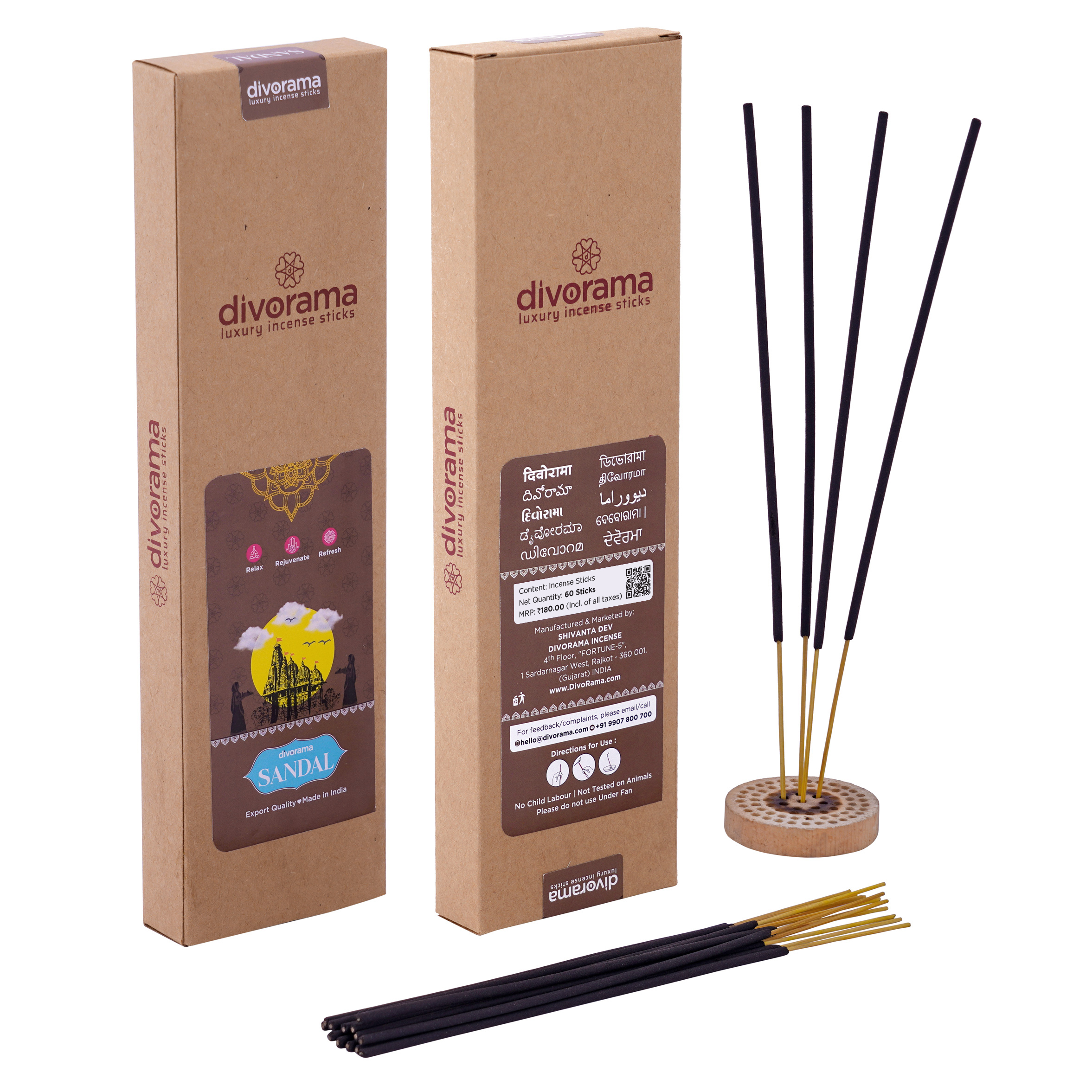 DivoRama Luxury Sandalwood Incense Sticks Agarbatti – 100% Indian Natural Aroma – Long Lasting Chandan/Sukhad Agarbattis for Puja, Meditation, Happy Vibes – 60 Sticks